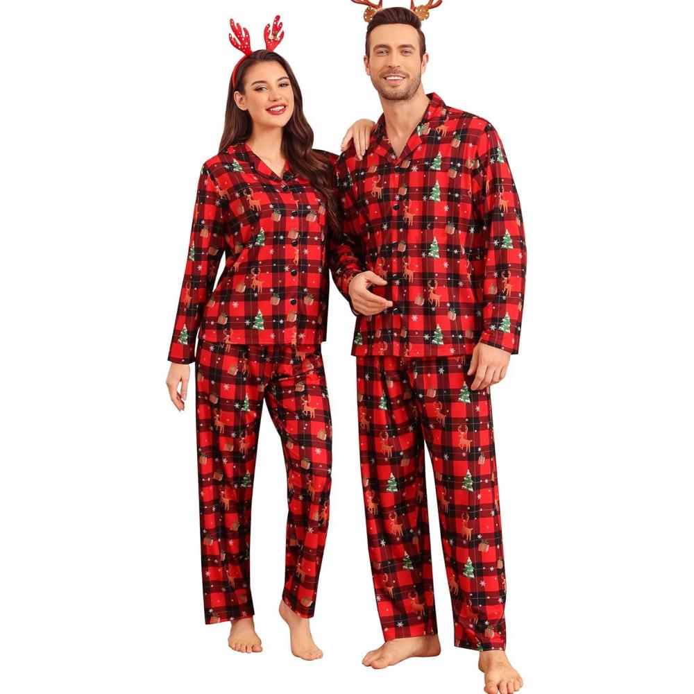 imageSWOMOG Matching Family Christmas Pajamas Set Long Sleeve Festival Party Pj Set ButtonDown Sleepwear Soft NightwearRed Christmas