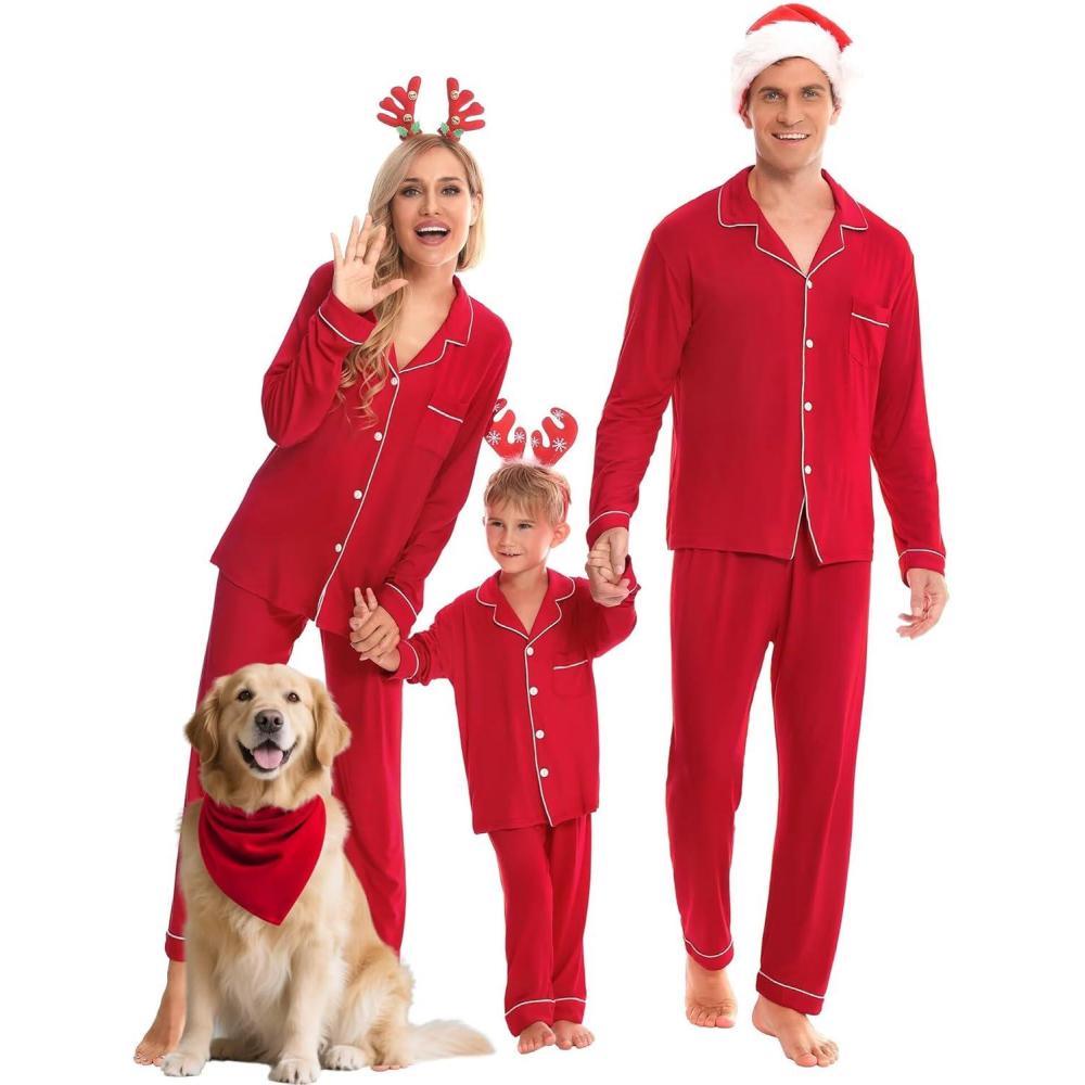 imageSWOMOG Matching Family Christmas Pajamas Set Long Sleeve Festival Party Pj Set ButtonDown SleepwearRed