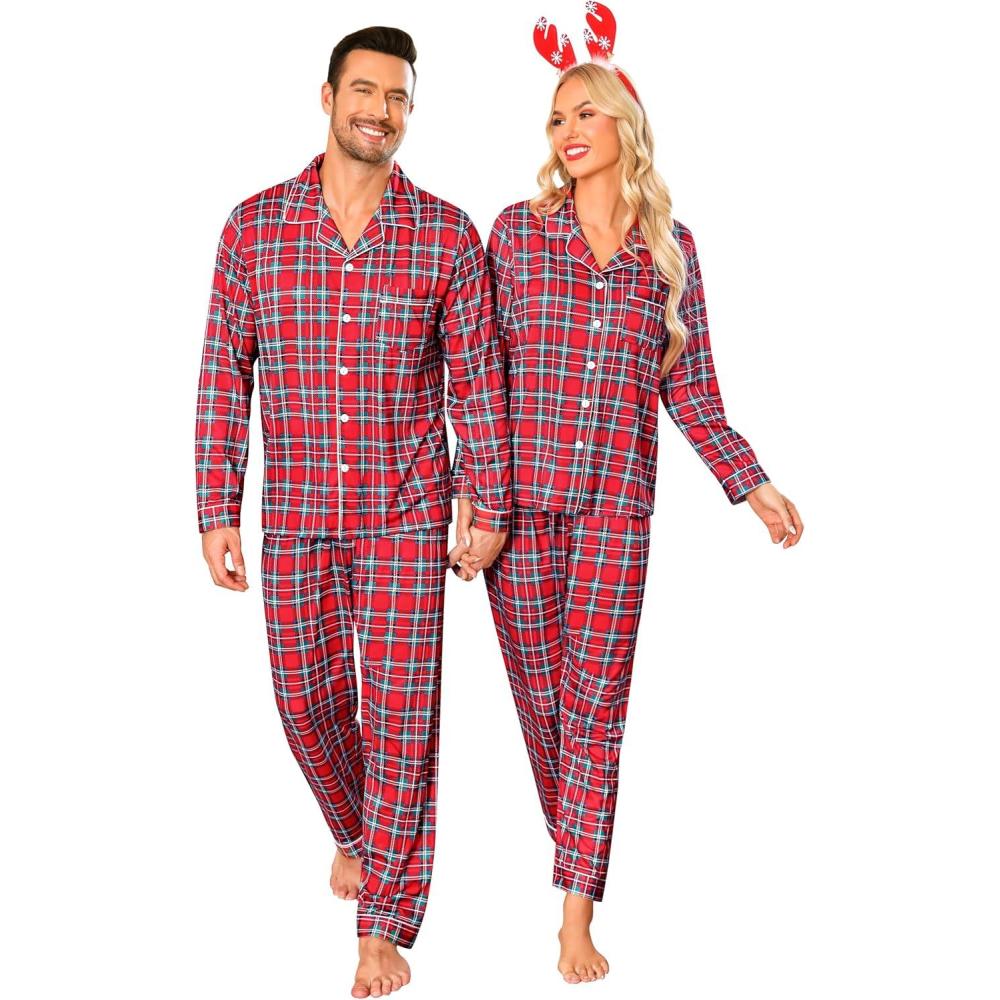 imageSWOMOG Matching Family Christmas Pajamas Set Long Sleeve Festival Party Pj Set ButtonDown SleepwearRed Stewart Plaid