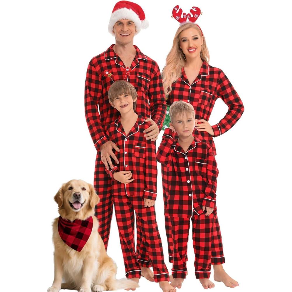 imageSWOMOG Matching Family Christmas Pajamas Set Long Sleeve Festival Party Pj Set ButtonDown SleepwearRed With Black Plaid