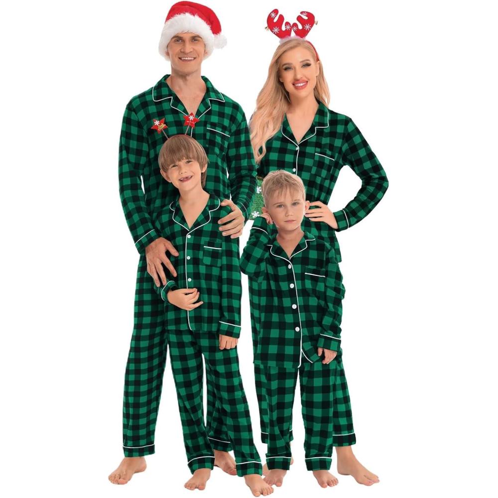 imageSWOMOG Matching Family Christmas Pajamas Set Long Sleeve Festival Party Pj Set ButtonDown SleepwearSmall Green Grid
