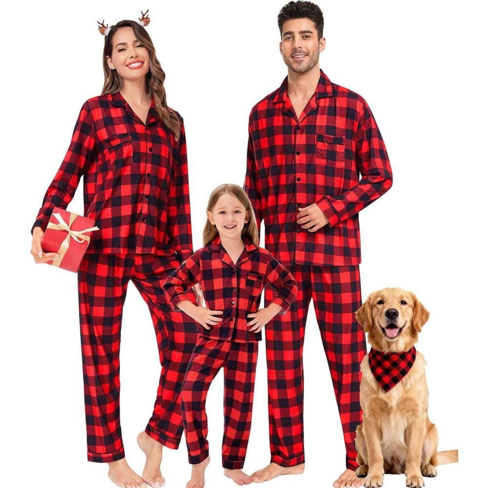 imageSWOMOG Matching Family Pajamas Christmas Pjs Long Sleeve Holiday Sleepwear Soft LoungewearRed Black Plaid