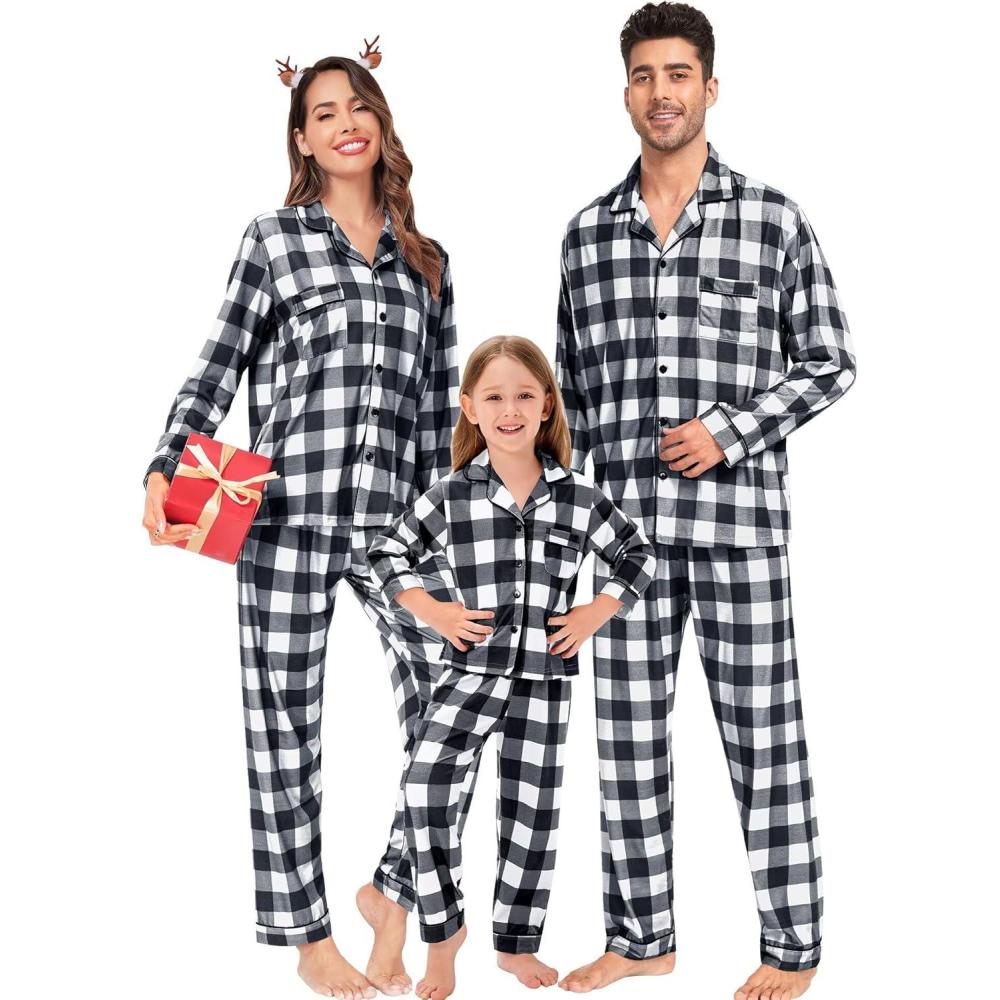 imageSWOMOG Matching Family Pajamas Christmas Pjs Long Sleeve Holiday Sleepwear Soft LoungewearWhite Black Plaid
