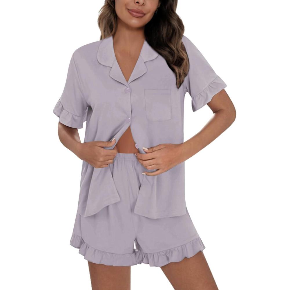 imageSWOMOG Woman Pajama Set Short Sleeve Pjs Set 2Pcs Short Pajamas Button Down Ruffle Hem Sleepwear Soft Modal LoungewearLilac