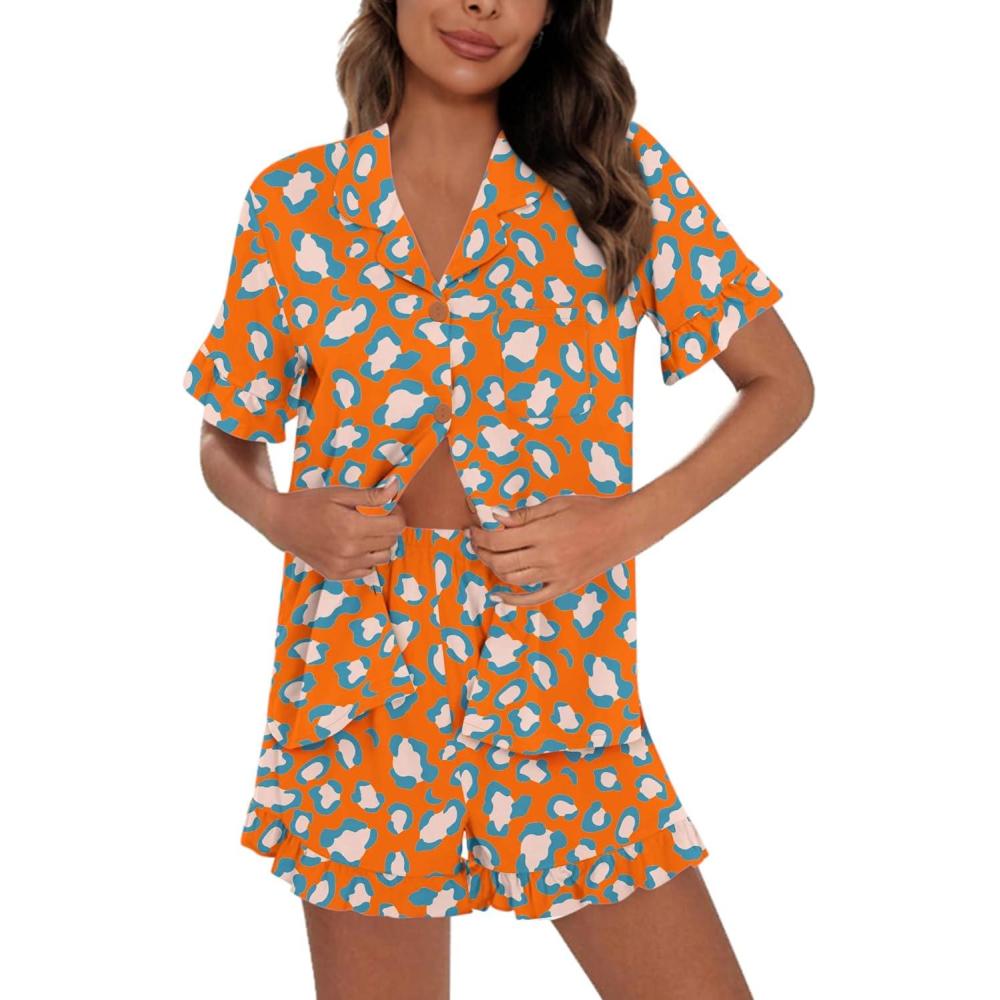 imageSWOMOG Woman Pajama Set Short Sleeve Pjs Set 2Pcs Short Pajamas Button Down Ruffle Hem Sleepwear Soft Modal LoungewearOrange Leopard