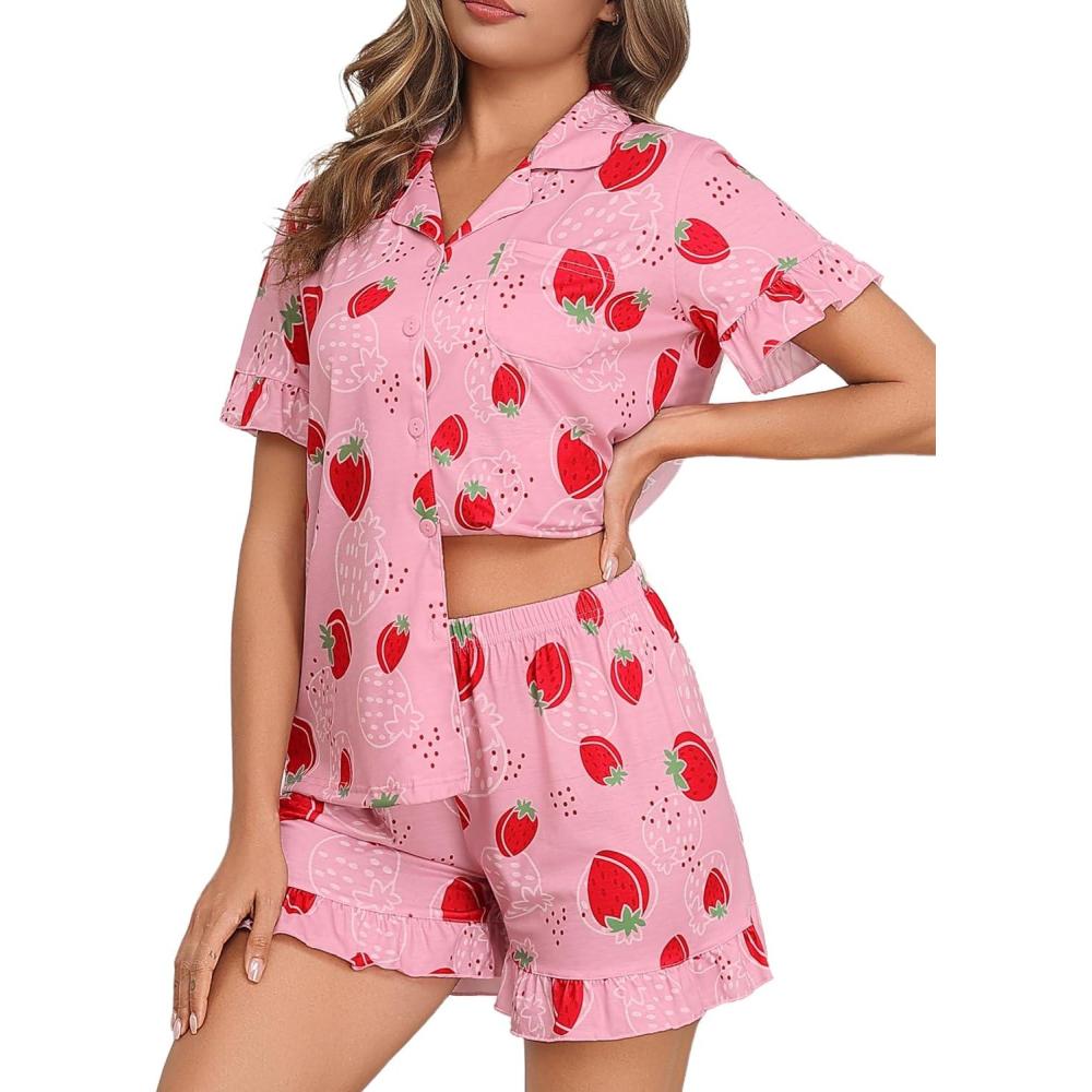 imageSWOMOG Woman Pajama Set Short Sleeve Pjs Set 2Pcs Short Pajamas Button Down Ruffle Hem Sleepwear Soft Modal LoungewearPink Strawberry