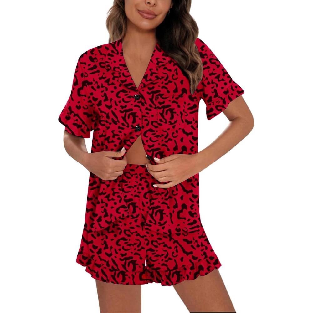 imageSWOMOG Woman Pajama Set Short Sleeve Pjs Set 2Pcs Short Pajamas Button Down Ruffle Hem Sleepwear Soft Modal LoungewearRed Leopard