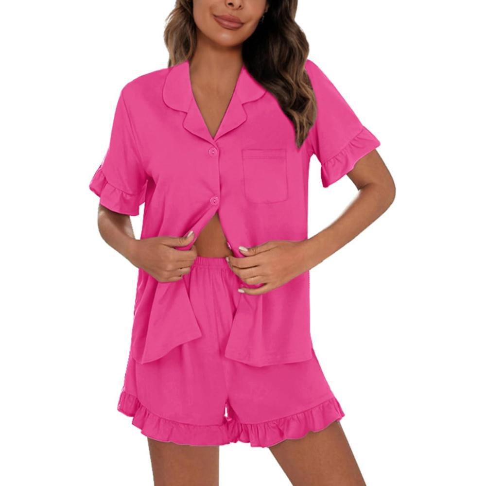 imageSWOMOG Woman Pajama Set Short Sleeve Pjs Set 2Pcs Short Pajamas Button Down Ruffle Hem Sleepwear Soft Modal LoungewearRose Red