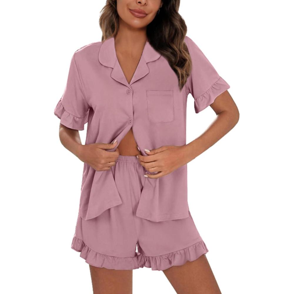 imageSWOMOG Woman Pajama Set Short Sleeve Pjs Set 2Pcs Short Pajamas Button Down Ruffle Hem Sleepwear Soft Modal LoungewearTaro Purple