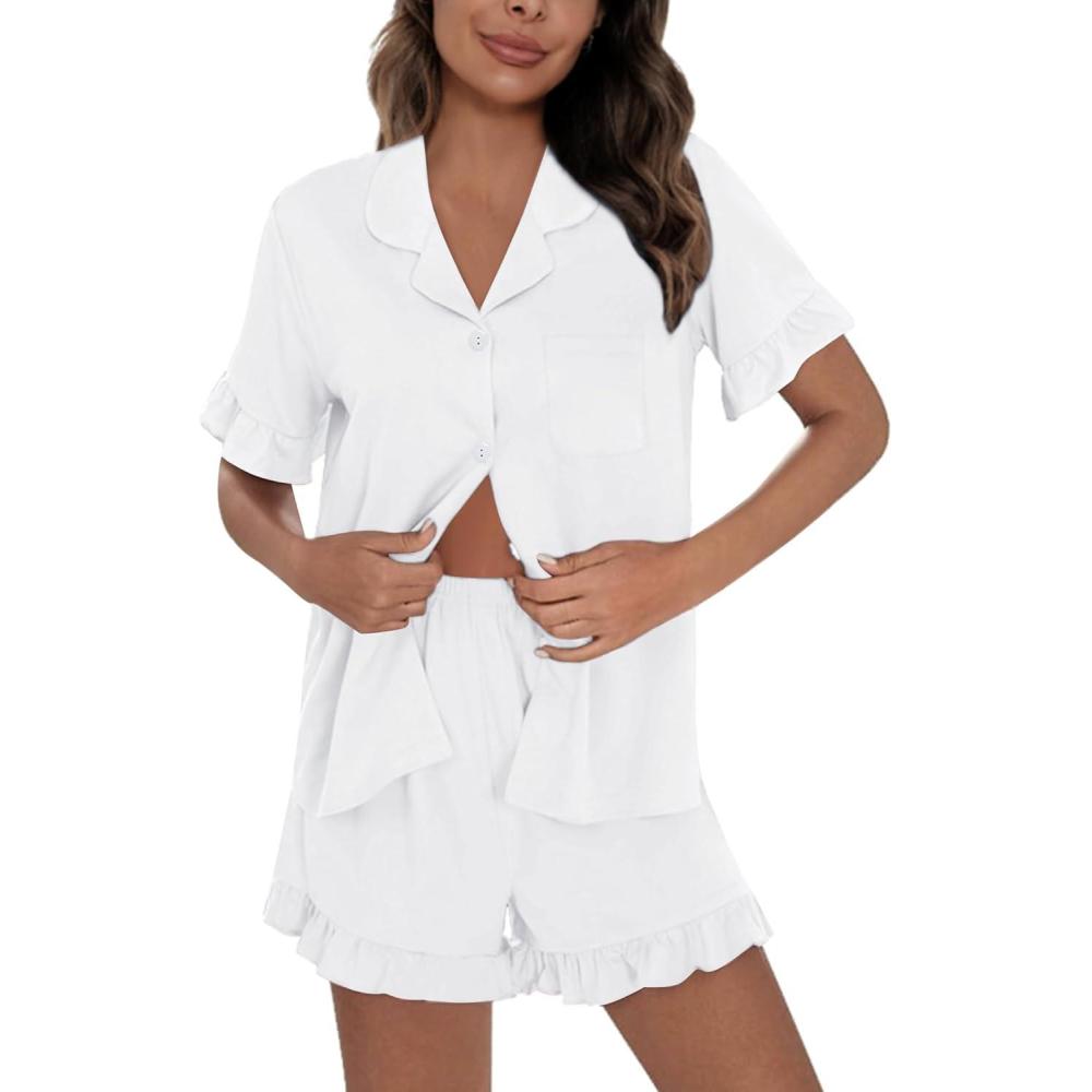 imageSWOMOG Woman Pajama Set Short Sleeve Pjs Set 2Pcs Short Pajamas Button Down Ruffle Hem Sleepwear Soft Modal LoungewearWhite