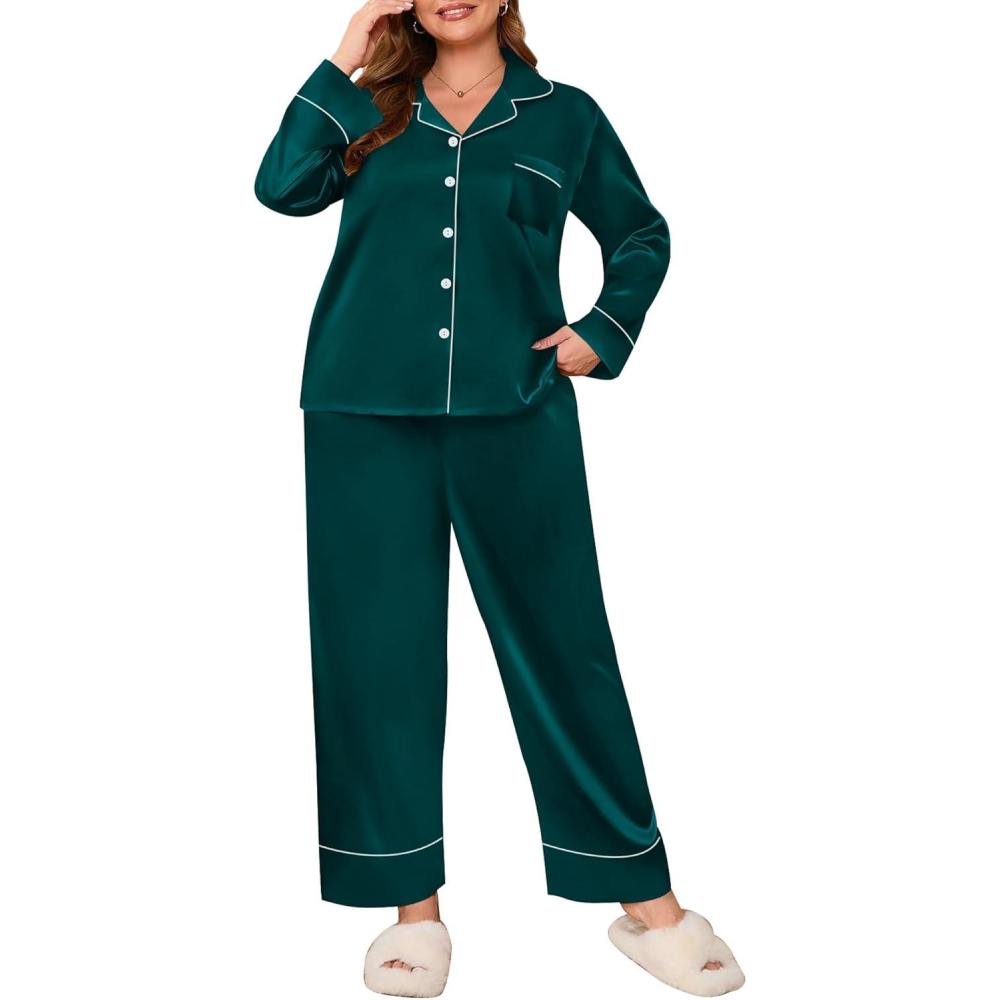 imageSWOMOG Womens Plus Size Pajamas Set Silk Satin Button Down Sleepwear Long Sleeve Pjs Set 2 Piece Loungewear with PocketsDark Green