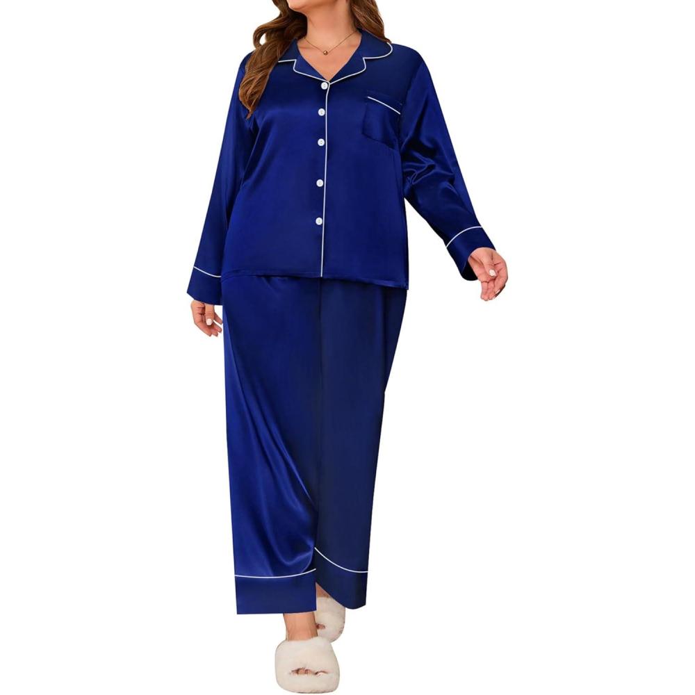 imageSWOMOG Womens Plus Size Pajamas Set Silk Satin Button Down Sleepwear Long Sleeve Pjs Set 2 Piece Loungewear with PocketsNavy Blue
