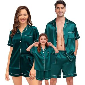 SWOMOG Couple Matching Pajamas Sets Women & Men Button Down Silk Pjs Men Short Sleeve Soft Lounge Sets 2 Pcs Loungewear(Green)