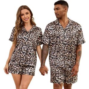 SWOMOG Couple Matching Pajamas Sets Women & Men Button Down Silk Pjs Men Short Sleeve Soft Lounge Sets 2 Pcs Loungewear(Leopard)
