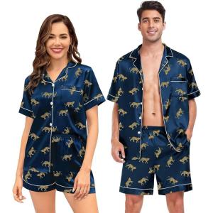 SWOMOG Couple Matching Pajamas Sets Women & Men Button Down Silk Pjs Men Short Sleeve Soft Lounge Sets 2 Pcs Loungewear(Navy Blue Leopard)