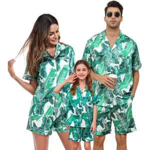 SWOMOG Couple Matching Pajamas Sets Women & Men Button Down Silk Pjs Men Short Sleeve Soft Lounge Sets 2 Pcs Loungewear(White Leaves)