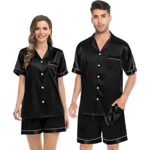 SWOMOG Couples Pajamas Women &Men Silky Satin Sleepwear Short Sleeve Button Down Pj Set Loungewear(Black)