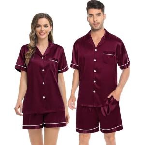 SWOMOG Couples Pajamas Women &Men Silky Satin Sleepwear Short Sleeve Button Down Pj Set Loungewear(Deep Wine Red)