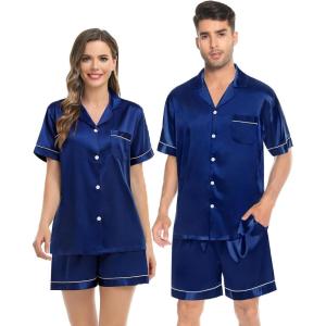 SWOMOG Couples Pajamas Women &Men Silky Satin Sleepwear Short Sleeve Button Down Pj Set Loungewear(Navy Blue)