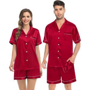 SWOMOG Couples Pajamas Women &Men Silky Satin Sleepwear Short Sleeve Button Down Pj Set Loungewear(Red)
