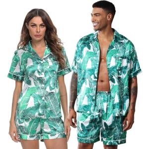 SWOMOG Couples Pajamas Women &Men Silky Satin Sleepwear Short Sleeve Button Down Pj Set Loungewear(White Leaves)