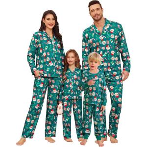 SWOMOG Matching Family Christmas Pajamas Set Long Sleeve Festival Party Pj Set Button-Down Sleepwear Soft Nightwear(Green Christmas)