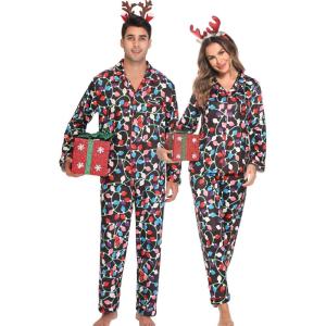 SWOMOG Matching Family Christmas Pajamas Set Long Sleeve Festival Party Pj Set Button-Down Sleepwear(Christmas Light)
