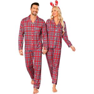 SWOMOG Matching Family Christmas Pajamas Set Long Sleeve Festival Party Pj Set Button-Down Sleepwear(Red Stewart Plaid)