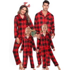 SWOMOG Matching Family Christmas Pajamas Set Long Sleeve Festival Party Pj Set Button-Down Sleepwear(Red With Black Big Grid)