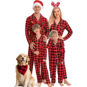 SWOMOG Matching Family Christmas Pajamas Set Long Sleeve Festival Party Pj Set Button-Down Sleepwear(Red With Black Plaid)