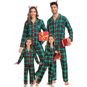 SWOMOG Matching Family Christmas Pajamas Set Long Sleeve Festival Party Pj Set Button-Down Sleepwear(Red With Green Grid)