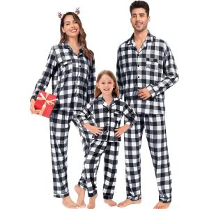SWOMOG Matching Family Pajamas Christmas Pjs Long Sleeve Holiday Sleepwear Soft Loungewear(White Black Plaid)