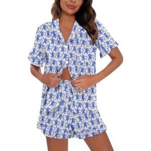 SWOMOG Woman Pajama Set Short Sleeve Pjs Set 2Pcs Short Pajamas Button Down Ruffle Hem Sleepwear Soft Modal Loungewear(Blue Monkey)