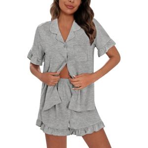 SWOMOG Woman Pajama Set Short Sleeve Pjs Set 2Pcs Short Pajamas Button Down Ruffle Hem Sleepwear Soft Modal Loungewear(Gray)