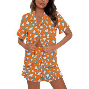 SWOMOG Woman Pajama Set Short Sleeve Pjs Set 2Pcs Short Pajamas Button Down Ruffle Hem Sleepwear Soft Modal Loungewear(Orange Leopard)