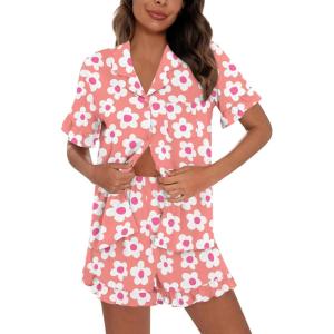 SWOMOG Woman Pajama Set Short Sleeve Pjs Set 2Pcs Short Pajamas Button Down Ruffle Hem Sleepwear Soft Modal Loungewear(Peach Flower)