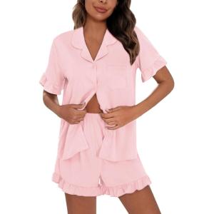 SWOMOG Woman Pajama Set Short Sleeve Pjs Set 2Pcs Short Pajamas Button Down Ruffle Hem Sleepwear Soft Modal Loungewear(Pink)