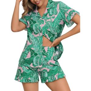 SWOMOG Woman Pajama Set Short Sleeve Pjs Set 2Pcs Short Pajamas Button Down Ruffle Hem Sleepwear Soft Modal Loungewear(Pink Leaf)