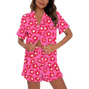 SWOMOG Woman Pajama Set Short Sleeve Pjs Set 2Pcs Short Pajamas Button Down Ruffle Hem Sleepwear Soft Modal Loungewear(Rose Flower)