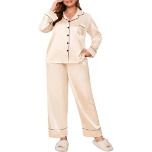 SWOMOG Women’s Plus Size Pajamas Set Silk Satin Button Down Sleepwear Long Sleeve Pjs Set 2 Piece Loungewear with Pockets(Champagne)