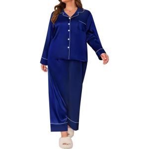 SWOMOG Women’s Plus Size Pajamas Set Silk Satin Button Down Sleepwear Long Sleeve Pjs Set 2 Piece Loungewear with Pockets(Navy Blue)