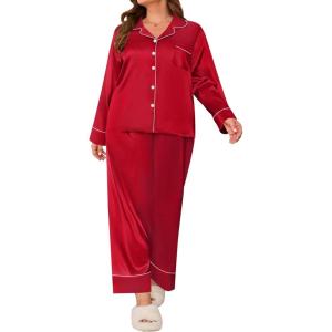 SWOMOG Women’s Plus Size Pajamas Set Silk Satin Button Down Sleepwear Long Sleeve Pjs Set 2 Piece Loungewear with Pockets(Red)