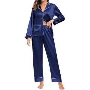 SWOMOG Womens Silk Satin Pajamas Loungewear Two-piece Sleepwear Button-Down Pj Set(Navy Blue)
