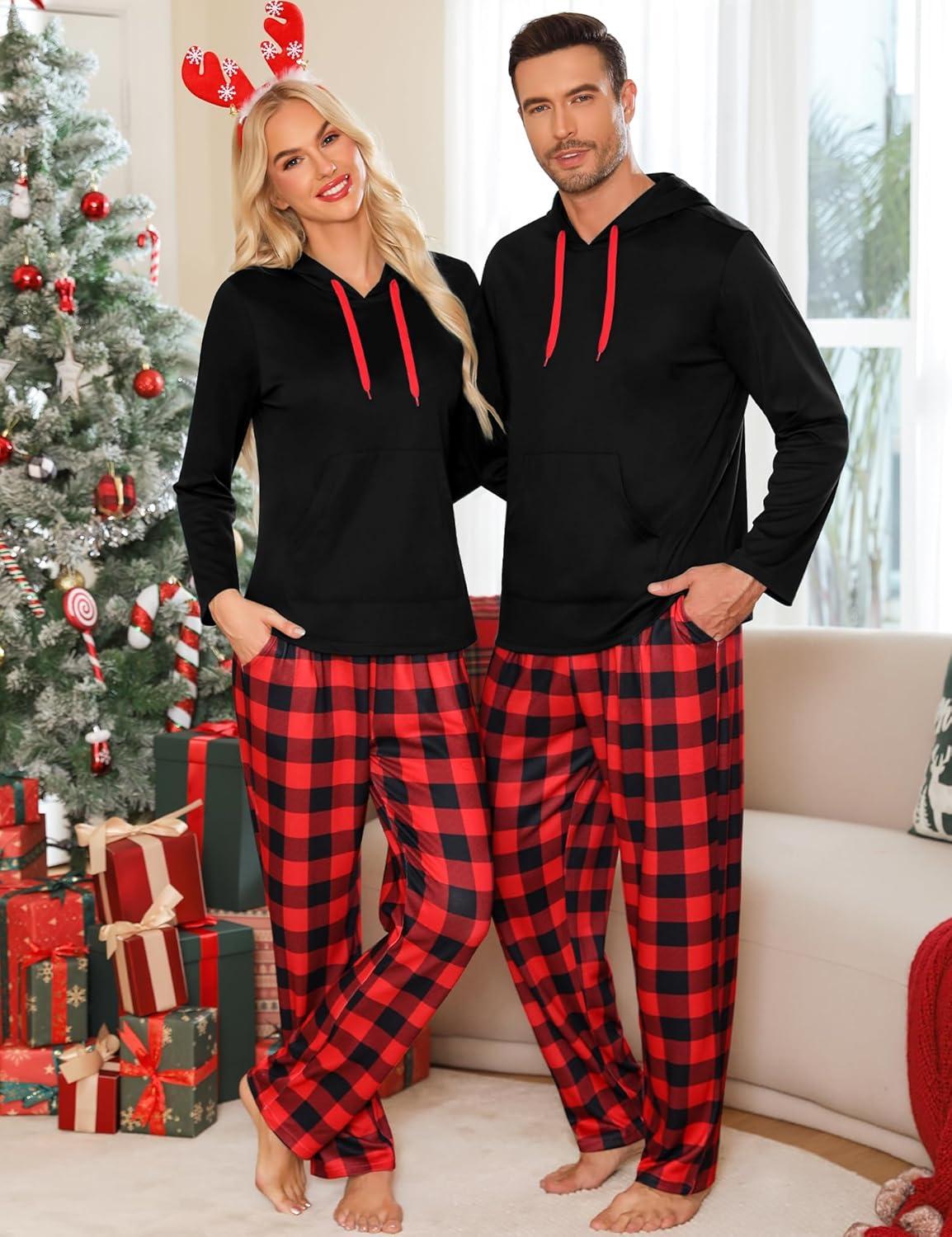 imageSWOMOG Couples Christmas Matching Pajamas Set Women amp Men Long Sleeve Sleepwear Hooded Top Plaid Pants Pjs with PocketsBlack Red Plaid