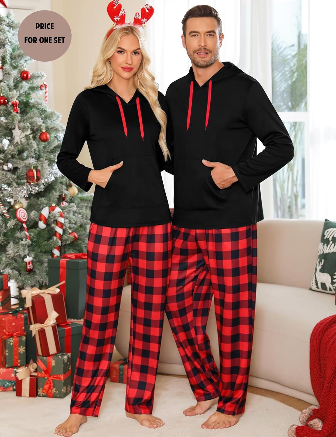 imageSWOMOG Couples Christmas Matching Pajamas Set Women amp Men Long Sleeve Sleepwear Hooded Top Plaid Pants Pjs with PocketsBlack Red Plaid