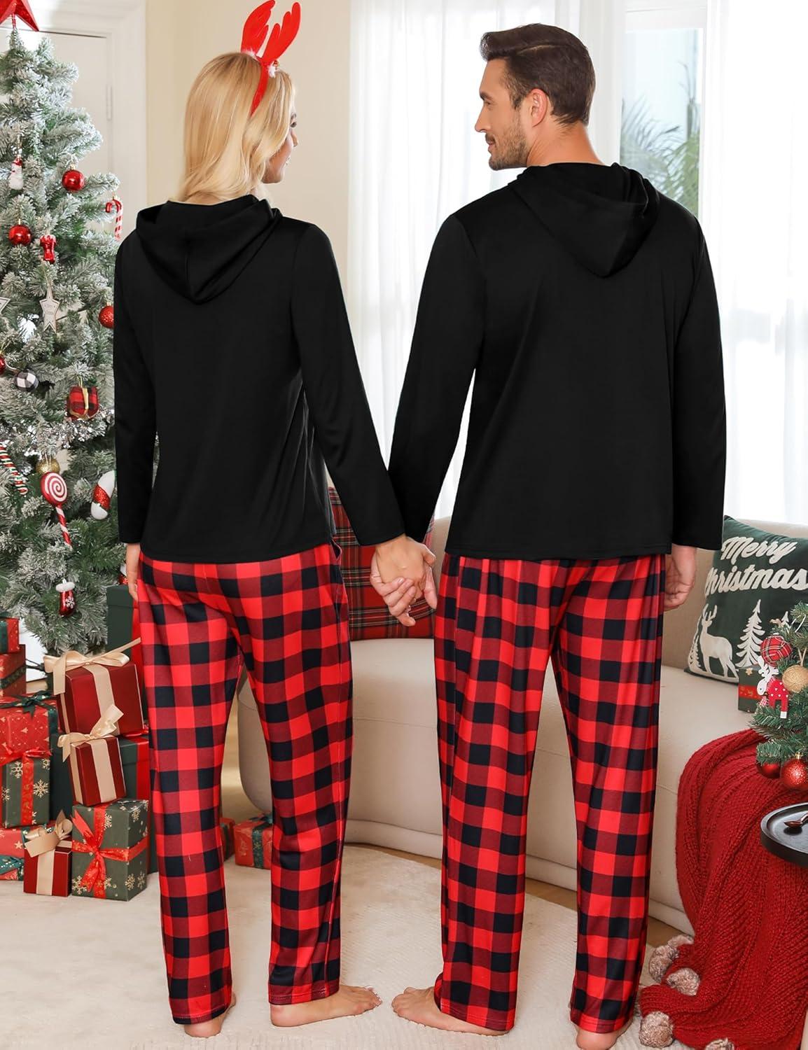 imageSWOMOG Couples Christmas Matching Pajamas Set Women amp Men Long Sleeve Sleepwear Hooded Top Plaid Pants Pjs with PocketsBlack Red Plaid