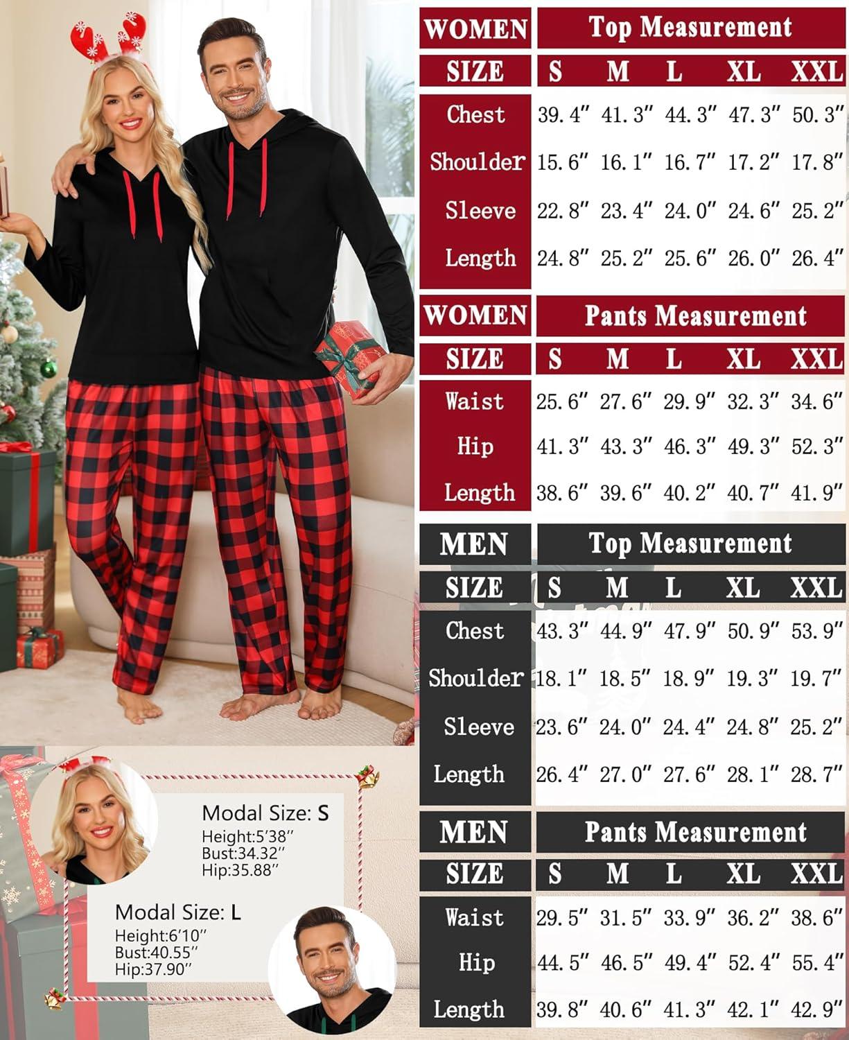 imageSWOMOG Couples Christmas Matching Pajamas Set Women amp Men Long Sleeve Sleepwear Hooded Top Plaid Pants Pjs with PocketsBlack Red Plaid