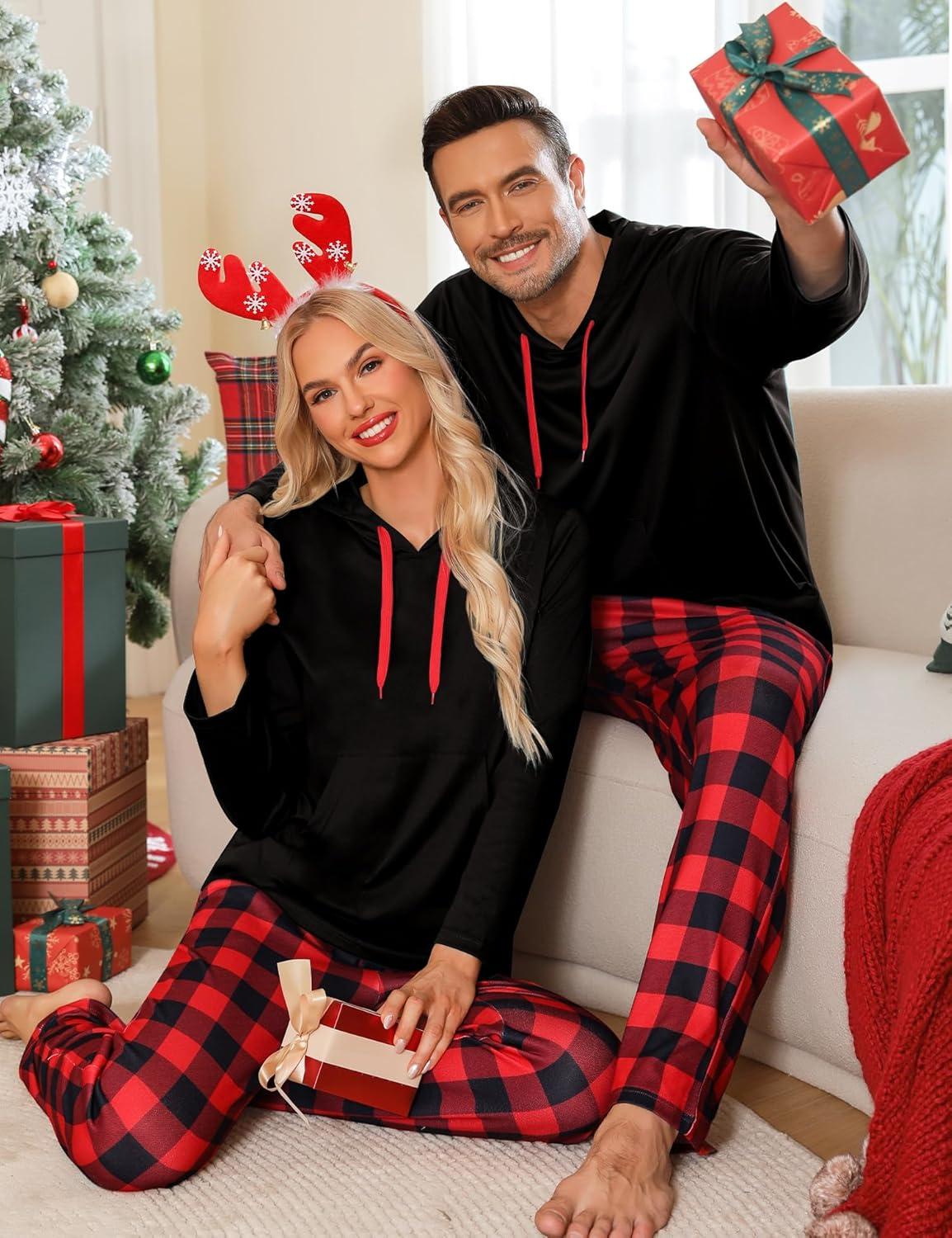 imageSWOMOG Couples Christmas Matching Pajamas Set Women amp Men Long Sleeve Sleepwear Hooded Top Plaid Pants Pjs with PocketsBlack Red Plaid