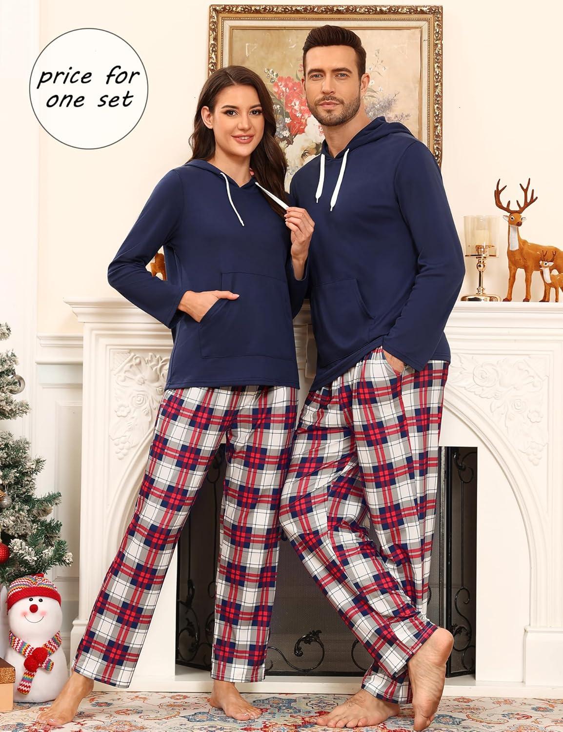imageSWOMOG Couples Christmas Matching Pajamas Set Women amp Men Long Sleeve Sleepwear Hooded Top Plaid Pants Pjs with PocketsNavy Blue
