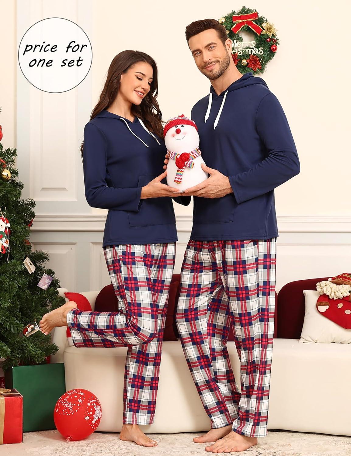 imageSWOMOG Couples Christmas Matching Pajamas Set Women amp Men Long Sleeve Sleepwear Hooded Top Plaid Pants Pjs with PocketsNavy Blue